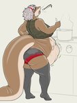 abdominal_bulge accessory anthro anthro_pred belly big_breasts big_butt biped bodily_noises bottomwear breasts brown_body brown_skin burping butt clothed clothing cooking derived_sound_effect different_sound_effects digestion extended_sound_effect female female_pred glistening glistening_body glistening_skin grey_hair hair hair_accessory hairband legwear long_tail mature_anthro mature_female monotone_hair non-mammal_breasts onomatopoeia oral_vore plantigrade rear_view rumbling_stomach shirt shorts slosh sloshing_belly soft_vore solo sound_effect_variant sound_effects standing tail tan_body tan_skin tank_top teeth text thick_tail thick_thighs thigh_highs topwear vore dolphysoul fish marine shark english_text hi_res