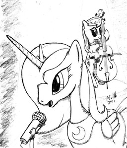 bow_(feature) bow_(stringed_instrument) bow_tie bowed_string_instrument cello duo female music musical_instrument simple_background singing string_instrument white_background nullh friendship_is_magic hasbro my_little_pony octavia_(mlp) princess_luna_(mlp) earth_pony equid equine horse mammal pony monochrome
