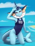 absurd_res anearbyanimal anthro anthrofied beach blush camel_toe clothing digital_media_(artwork) eeveelution female generation_1_pokemon gesture hand_gesture hi_res looking_at_viewer nintendo one-piece_swimsuit pokemon pokemon_(species) pokemorph school_swimsuit seaside solo swimwear tail v_sign vaporeon