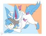 all_fours ambiguous_gender blue_body blue_fur blue_hair clothing feral fur hair hoodie neck_ring pounce_pose raised_hips ribbons simple_background solo topwear white_body white_fur yellow_eyes joeri_kunisaki nintendo pokemon eeveelution generation_6_pokemon pokemon_(species) sylveon hi_res