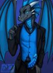 2019 4_fingers animal_genitalia animal_penis anthro arc_the_derg bedroom_eyes black_and_blue black_body black_scales blue_background blue_body blue_countershading blue_eyes blue_penis blue_scales blue_theme bottomwear button-up claws clothed clothing countershade_tail countershade_torso countershading denim denim_bottomwear denim_clothing dragon erection fingers frill_(anatomy) front_view genital_slit genitals gradient_background grey_body grey_scales half-closed_eyes hand_on_leg head_crest head_frill hi_res horn idoodle2draw inviting jeans looking_at_viewer male manly membrane_(anatomy) membranous_frill membranous_wings mythological_creature mythological_scalie mythology narrowed_eyes overshirt pants penis penis_through_fly pinup poking_out portrait pose presenting presenting_penis purple_background restricted_palette ribbed_penis ridged_penis scales scalie seductive sharp_teeth shirt signature simple_background smile smirk solo spikes standing suit tail teasing teeth topwear unbuttoned underwear undressing unzipped vest wings zipper