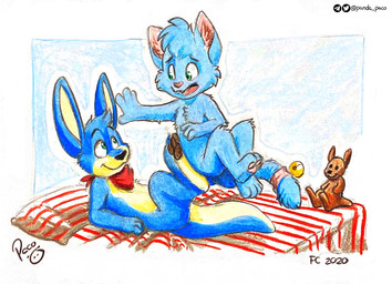 accessory anthro bed bell blue_body blue_fur blue_tail brown_pawpads cheek_tuft chest_tuft duo eye_contact facial_tuft fur furgonomics furniture green_eyes head_tuft kerchief knee_tuft leg_tuft logo looking_at_another lying male male_anthro neckerchief neckwear nude on_back on_bed open_mouth pawpads pink_nose pink_pawpads plushie red_kerchief red_neckerchief red_tongue tail tail_accessory tail_bell tongue tuft yellow_body yellow_fur yellow_inner_ear yellow_tail young young_anthro young_male pandapaco blooroo lepkitty domestic_cat felid feline felis kangaroo macropod mammal marsupial 2020 artist_logo dated signature
