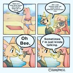 1:1 annoyed anthro beach beach_towel bee_(trashcamell) bikini bodily_fluids canid canine clothed clothing comic cross-popping_vein dialogue duo english_text eyewear facial_hair fangs female feral fox hair head_tuft hi_res humanoid_hands humor jj_(trashcamell) long_hair male mammal nature nonbinary_(lore) open_mouth sea seaside shirt sibling_(lore) sister_(lore) smile summer sunglasses sweat swimwear tail tail_tuft talking_to_another teeth text topwear towel trashcamell tuft two-piece_swimsuit water