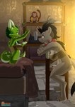 animal_genitalia animal_penis anthro bedroom big_breasts black_body black_fur black_hair blue_eyes bottomless breasts brown_body brown_eyes brown_fur canine_genitalia chair claws clothed clothing digitigrade eyebrows feet fingers fully_sheathed fur furniture genitals green_body green_fur green_hair gynomorph hair half-closed_eyes herm inside intersex looking_at_another narrowed_eyes navel nipples page_number penis ponytail pubes sheath side_boob sitting size_difference smile spread_legs spreading tail thick_thighs tight_clothing spoogiehowl patreon holt_(spoogiehowl) canid canine canis fox hyena mammal 2025 absurd_res comic digital_drawing_(artwork) digital_media_(artwork) digital_painting_(artwork) hi_res line_art painting_(artwork) story