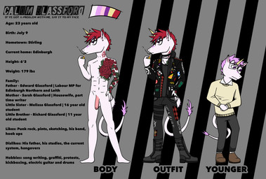 alternative_fashion angry anthro cigarette clothed clothing eyewear flaccid fully_clothed genitals glasses hair highlights_(coloring) hoodie horn jacket leather leather_clothing leather_jacket leather_topwear male nude penis punk purple_body purple_eyes purple_hair red_hair shy solo standing sweater tattoo text topwear unicorn_horn kisig mythology equid equine mammal mythological_creature mythological_equine unicorn absurd_res english_text hi_res model_sheet