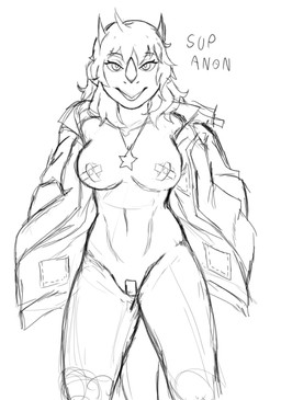 anthro bottomless breasts clothed clothing coat coat_only female flashing hair horn jewelry mostly_nude necklace nipple_outline pasties pendant solo tail text topwear topwear_only unknown_artist cavemanon_studios goodbye_volcano_high ko_op_(game_developer) snoot_game reeve_(gvh) ceratopsian dinosaur marginocephalian ornithischian prehistoric_species reptile scalie english_text monochrome sketch