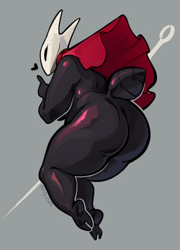 2_toes alternate_form anthro arthropod_abdomen big_butt black_body black_eyes bottomless breasts butt cape cloak clothed clothing feet female glistening glistening_body grey_background heart_symbol horn huge_butt looking_back melee_weapon mostly_nude overweight rear_view simple_background slightly_chubby solo symbol thick_thighs toes weapon kirikatt hollow_knight_(franchise) team_cherry hornet_(hollow_knight) arthropod insect absurd_res digital_media_(artwork) hi_res signature