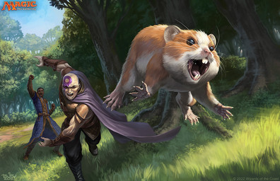 ambiguous_gender armor bald brown_body brown_fur buckteeth cape cheering clothing cloud dark_body dark_skin day feral flying forest fur grass group male open_mouth outside plant purple_cape purple_clothing smile tattoo teeth throwing_character tree whiskers brian_valeza baldur's_gate hasbro magic:_the_gathering wizards_of_the_coast boo_(baldur's_gate) minsc_(baldur's_gate) cricetid hamster human mammal rodent 2022 digital_media_(artwork) official_art