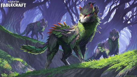 ambiguous_gender detailed_background feral forest grass green_body group leaf looking_aside outside plant quadruped standing tail tree brian_valeza tales_of_fablecraft canid canine canis elemental_creature flora_fauna mammal wolf 16:9 2022 digital_media_(artwork) hi_res official_art widescreen