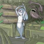 ambiguous_gender anthro arms_above_head bodily_fluids clothing detailed_background drooling duo electronics female headgear headphones headset panties parody purple_eyes saliva science_fiction shirt tank_top topwear underwear v-cut tony_helms alien_(franchise) disney zootopia ellen_ripley judy_hopps alien lagomorph leporid mammal monster rabbit xenomorph 2016 colored crossover