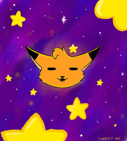ambiguous_form ambiguous_gender black_ear_tips black_nose cheek_tuft dipstick_ears ear_markings eyes_closed facial_tuft fangs fur hair light multicolored_ears no_eyebrows open_mouth open_smile orange_body orange_fur orange_hair pink_tongue short_hair smile solo space star teeth text tongue tuft yellow_inner_ear starburst_uwu canid canine fox mammal 2022 artist_name colored digital_drawing_(artwork) digital_media_(artwork) headshot_portrait hi_res lighting portrait