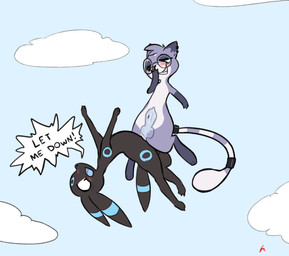 accessory animal_genitalia animal_penis anthro anthro_on_feral balls bestiality blue_eyes blue_penis blush cloud countershading dialogue duo ear_piercing ear_ring ears_back eyeshadow eyewear fangs fearful_expression female feral furgonomics genitals giggling glasses glistening glistening_knot hanging_upside_down head_tuft knot knotting makeup male male/female markings midair mischievous navel open_mouth penetration penis piercing pivoted_ears pointy_speech_bubble ring_piercing scared sex smile smug speech_bubble striped_markings striped_tail stripes struggling tail tail_accessory tail_markings teeth text tuft upside_down vaginal vaginal_penetration vulva wearing_glasses x-ray_view yelling fluorite nintendo pokemon canid eeveelution felid generation_1_pokemon generation_2_pokemon legendary_pokemon mammal mew_(pokemon) pokemon_(species) shiny_pokemon umbreon absurd_res english_text hi_res