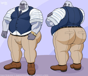 accessory anthro back_muscles barazoku belly belt biceps big_belly big_butt big_muscles big_pecs blue_clothing blue_eyes blue_necktie blue_topwear blue_vest bottomwear brown_belt brown_clothing brown_footwear brown_shoes business_attire business_suit businessman businesswear butt butt_focus clock clothing crossed_arms fierce fierce_expression fist footwear frown frowney_face frowning_at_viewer fur furrowed_eyebrows grey_body grey_fur grumpy intimidation jewelry male manly mature_anthro mature_male menacing_aura menancing musclegut muscular muscular_anthro muscular_arms muscular_male muscular_thighs necktie pants pecs pose presenting presenting_body presenting_hindquarters purple_background rear_view ring_(jewelry) rolled_up_sleeves scowl shirt shoes showing_off_muscles simple_background solo standing stern stern_look suit thick_arms thick_thighs thug tight_bottomwear tight_clothing tight_pants tight_shirt tight_topwear topwear tough_guy vest watch white_body white_clothing white_fur white_shirt white_topwear wristwatch yellow_bottomwear yellow_clothing yellow_pants layndon mag_(midnighthossman) ape gorilla haplorhine mammal primate hi_res model_sheet