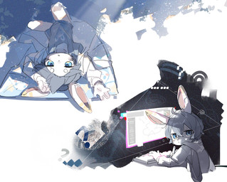 anthro blue_clothing blue_eyes blue_topwear clothed clothing fur grey_clothing grey_hair grey_topwear hair holding_tablet_pen looking_at_viewer lying male mouth_closed on_back sitting solo topwear white_body white_ears white_fur young young_anthro young_male emolga_1 lagomorph leporid mammal rabbit hi_res multiple_images