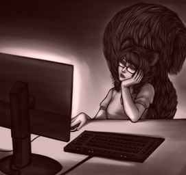 computer electronics eyewear female glasses keyboard solo tired suumunster casimira_(orannis0) animal_humanoid humanoid mammal mammal_humanoid rodent rodent_humanoid sciurid sciurid_humanoid tree_squirrel_humanoid hi_res