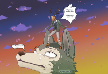 anthro antlers black_nose bodily_fluids clothed clothing cloud dialogue duo ear_pull horn humor looking_up male size_difference sky snout standing sweat sweatdrop text torture choc0chu beastars legoshi_(beastars) louis_(beastars) canid canine canis cervine deer mammal red_deer wolf 2020 artist_name english_text