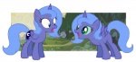 blue_eyes cutie_mark detailed_background duo everfree_forest feathered_wings feathers female feral forest green_eyes happy horn outside plant quadruped shocked tail tree wings wood flausch-katzerl friendship_is_magic hasbro my_little_pony mythology princess_luna_(mlp) arthropod changeling equid equine mammal mythological_creature mythological_equine winged_unicorn source_request