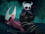 ambiguous_gender angry anthro black_body black_eyes black_skin bound cloak clothing cross-popping_vein duo empty_eyes featureless_feet feet female female/ambiguous genitals heart_symbol larger_female pussy rosy_cheeks size_difference small_dom_big_sub smaller_ambiguous vein yoshimister hollow_knight team_cherry hornet_(hollow_knight) the_knight_(hollow_knight) arthropod vessel_(species) featureless_(disambiguation) hi_res