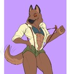 5_fingers abs anthro blue_eyes bottomwear breasts brown_body brown_fur clothed clothing eyebrows female fingers fur hand_on_hip hotpants looking_at_viewer motion_lines muscular muscular_anthro muscular_female one_eye_closed open_mouth shorts solo standing suspenders tail tail_motion tailwag f_draws canid canine canis domestic_dog mammal hi_res portrait three-quarter_portrait