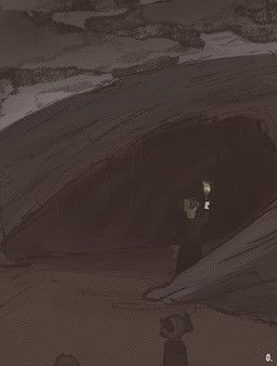 ambiguous_gender anthro bleak_ambiance cave cloak clothing number sketch_background torch conditional_dnp dacad ambiguous_species comic hi_res monochrome sketch