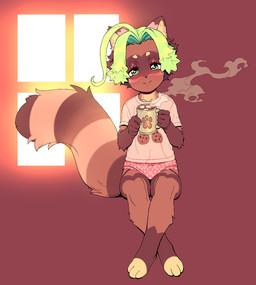anthro beverage big_tail biped black_markings black_nose blonde_hair blush blush_lines brown_body brown_fur candy closed_smile clothed clothing coffee coffee_mug dessert eyebrows facial_markings feet female food front_view fur gloves_(marking) hair head_markings heart_symbol holding_beverage holding_object inner_ear_fluff leg_markings looking_at_viewer markings marshmallow mask_(marking) mouth_closed panties pink_clothing pink_shirt pink_topwear red_clothing red_panties red_underwear ring_(marking) ringed_tail shirt short_hair sitting smile smiling_at_viewer socks_(marking) solo striped_markings striped_tail stripes tail tail_markings toeless_(marking) topwear tuft underwear white_markings young young_anthro young_female tedd77 mammal procyonid raccoon 2026 hi_res