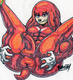 anthro backsack balls big_butt big_penis butt chest_tuft clothing dreadlocks fur genitals glans gloves gloves_only hand_behind_head hand_on_butt handwear handwear_only huge_butt humanoid_genitalia humanoid_penis looking_at_viewer looking_back lying male mostly_nude multiple_positions muscular muscular_male nipples penis presenting presenting_balls presenting_hindquarters presenting_penis purple_eyes red_body red_fur solo tuft parasitedeath sega sonic_the_hedgehog_(series) knuckles_the_echidna echidna mammal monotreme 2019 2022 hi_res signature traditional_media_(artwork)