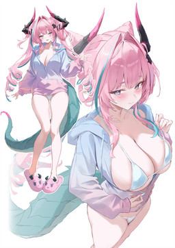 bare_legs big_breasts blue_clothing blue_coat blue_eyes blue_topwear blush breasts cleavage clothed clothing coat collarbone colored_nails female footwear hair half-closed_eyes highlights_(coloring) horn knock-kneed long_hair nails narrowed_eyes not_furry open_clothing open_coat open_mouth open_topwear panties pigtails pink_hair pink_nails shoes slippers smile tail_scales thigh_gap topwear underwear white_clothing white_panties white_underwear pdxen arknights arknights_endfield hypergryph mythology studio_montagne yvonne_(arknights) animal_humanoid dragon dragon_humanoid horned_humanoid humanoid mythological_creature mythological_scalie scalie absurd_res hi_res multiple_scenes