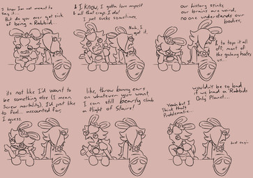 annoyed anthro arm_support bent_legs bottomless bottomless_anthro bottomless_female brown_background brown_body brown_clothing brown_dress brown_ear_piercing brown_eyes brown_hair buckteeth clothed clothed_anthro clothed_female clothing crown dialogue dress duo ear_piercing featureless_legs female furrowed_brow hair hair_over_eye half-closed_eyes hand_pawpads headgear leaning_on_elbow long_ears long_hair looking_at_another mitten_hands narrowed_eyes no_eyebrows no_pupils noseless pawpads piercing shirt simple_background sitting squint star_ear_piercing talking_to_another teeth text topwear yelling insertthenewblhere mario_bros mario_plus_rabbids_kingdom_battle mario_plus_rabbids_sparks_of_hope nintendo raving_rabbids rayman_(series) ubisoft rabbid_peach rabbid_rosalina lagomorph mammal rabbid 2024 crossover digital_drawing_(artwork) digital_media_(artwork) english_description english_text line_art multiple_scenes
