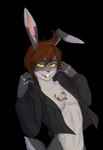 abs anthro brown_hair chest_tuft clothing fur grey_body grey_fur hair jacket leather leather_clothing leather_jacket leather_topwear male pecs solo topwear tuft izoxie carmo lagomorph leporid mammal rabbit absurd_res hi_res