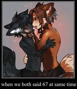 anthro black_body black_clothing black_fur black_hair blush bodily_fluids bottomwear brown_body brown_fur brown_hair bulge clothed clothing duo french_kissing fur hair heart_symbol kissing licking_tongue male male/male male_anthro open_mouth saliva shorts simple_background tail text thinking tongue tongue_out topless underwear keshunya xvii ailurid canid canine fox goo_creature mammal red_panda absurd_res digital_media_(artwork) english_text hi_res meme shaded