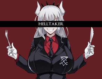 2_horns 5_fingers accessory arms_bent big_breasts biped black_business_suit black_clothing black_eyebrows black_necktie black_suit breasts business_suit clothed clothed_female clothed_humanoid clothing collared_shirt covered_eyes cutlery dress_shirt eyebrow_through_hair eyebrows female female_humanoid fingers fork front_view gloves grin hair handwear headband holding_fork holding_knife holding_object horn huge_breasts humanoid_hands kitchen_knife kitchen_utensils knife long_hair necktie not_furry occult_symbol red_background red_clothing red_dress_shirt red_shirt red_topwear shirt sigil sigil_of_lucifer simple_background smile solo suit symbol teeth text tools topwear translucent translucent_hair white_clothing white_gloves white_hair white_handwear white_horn white_text owner_(artist) helltaker lucifer_(helltaker) demon demon_humanoid humanoid 2022 absurd_res digital_media_(artwork) english_description english_text half-length_portrait hi_res portrait