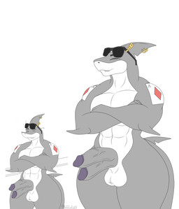 anthro balls big_balls crossed_arms eyes_closed eyewear genitals glasses male multi_genitalia muscular muscular_anthro muscular_male piercing simple_background smile solo tattoo thick_thighs wide_hips photolol.03 john_(photolol.03) aquatic fish great_white_shark mackerel_shark shark white_shark flat_colors hi_res