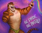 anthro claws clothed clothing eyebrows fur gesture hair hand_gesture lgbt_pride looking_at_viewer male muscular muscular_anthro muscular_male open_mouth open_smile pride_colors purple_background rainbow rainbow_pride_colors simple_background smile solo standing star teeth text thong tongue topless topless_anthro topless_male tuft underwear gamutfeathers disney lgbt_pride_month zootopia tiger_dancer_(zootopia) felid mammal pantherine tiger 2025 english_text hi_res
