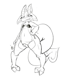big_ears big_tail big_vulva chest_tattoo claws clitoris eyeliner female flat_chested genitals hand_on_hip horn looking_at_viewer makeup shortstack smile smirk spade_tail tail tattoo thick_thighs vulva wide_hips inkdoll demon imp sketch