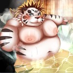 anthro bathing belly blush genitals humanoid_genitalia humanoid_hands humanoid_penis kemono leaning_on_edge male moobs navel nipples overweight overweight_male penis sitting solo water white_body marumori0619 lifewonders tokyo_afterschool_summoners licho_(tas) felid mammal pantherine tiger 2022