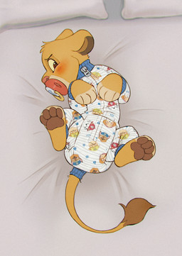 bed blush clothing diaper feral fur furgonomics furniture lying male on_back on_bed onesie orange_body orange_eyes orange_fur pacifier pawpads paws solo young skidoo disney paw_patrol the_lion_king chase_(paw_patrol) marshall_(paw_patrol) rubble_(paw_patrol) simba_(the_lion_king) skye_(paw_patrol) felid lion mammal pantherine hi_res