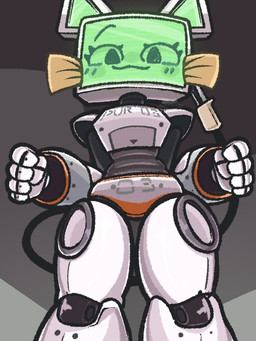 :3 anthro cable_tail electrical_plug_tail eyebrows fake_whiskers female fist for_a_head green_face green_inner_ear grey_background grey_body holding_own_tail holding_tail looking_at_viewer low-angle_view machine name_tag noseless post-it_note raised_eyebrow rivets screen screen_face segmented_body simple_background solo tail thick_thighs white_body coneheadmanbut pur_03 domestic_cat felid feline felis mammal object_head robot robot_anthro screen_head 2025 3:4 cel_shading digital_media_(artwork) portrait shaded three-quarter_portrait