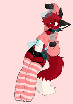 anthro black_body black_ears black_fur black_nose black_paws clothing disembodied_hand floppy_ears fluffy fluffy_tail fondling footwear fur hair hand_on_belly hand_on_cheek inner_ear_fluff legwear multicolored_body multicolored_fur purple_eyes red_body red_fur red_hair socks solo stockings sweater tail thigh_highs thigh_socks topwear tuft white_body white_fur white_inner_ear_fluff skipper_pupp jesam_(jesam) canid canine fox mammal red_fox true_fox digital_media_(artwork) hi_res nonbinary_(lore) trans_(lore) trans_woman_(lore)