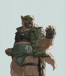 anthro army army_hat army_outfit army_uniform belly black_nose brown_body brown_fur bulge camo camo_clothing camo_jacket camo_print camo_shirt camo_topwear clothing dog_tags fingerless_gloves fur gloves green_clothing green_shirt green_topwear handwear hat headgear headwear humanoid_hands kemono male military military_clothing military_gloves military_hat military_jacket military_uniform overweight overweight_anthro overweight_male pattern_clothing pattern_shirt pattern_topwear scar shirt simple_background soldier soldier_uniform solo sumo topwear uniform warrior warr lifewonders tokyo_afterschool_summoners yasuyori_(tas) canid canine canis domestic_dog mammal 2020 absurd_res hi_res