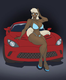 anthro blonde_hair blue_eyes brown_body car eyelashes female hair sitting solo sports_car tail vehicle yellow_tail toughset hasbro my_little_pony fan_character sprockette_(johnnynumber5) earth_pony equid equine horse mammal pony hi_res
