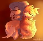 accessory anthro bedding blanket clothing duo gloves handwear male markings multi_tail sleeping tail sketchygarden sega sonic_the_hedgehog_(series) miles_prower sonic_the_hedgehog canid canine eulipotyphlan fox hedgehog mammal