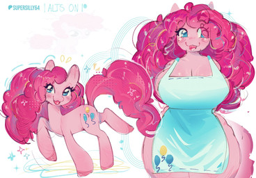 anthro anthrofied apron apron_only big_breasts blue_eyes breasts cat_smile cleavage clothed clothing curly_hair eyelashes female feral fur hair hooves huge_breasts huge_thighs open_:3 pink_body pink_fur pink_hair solo tail thick_thighs supersilly64 friendship_is_magic hasbro my_little_pony pinkie_pie_(mlp) earth_pony equid equine horse mammal pony hi_res