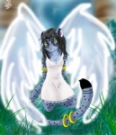 anthro blue_body blue_fur bracelet breasts brown_hair clothing dress feathered_wings feathers female fur grass hair jewelry plant solo wings wolflady angel felid mammal pantherine snow_leopard janus_(disambiguation) 2009 digital_media_(artwork)