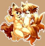 anthro blonde_hair blue_eyes breasts duo female fur hair kemono long_hair multi_tail tail yellow_body yellow_fur kolshica canid canine fox mammal