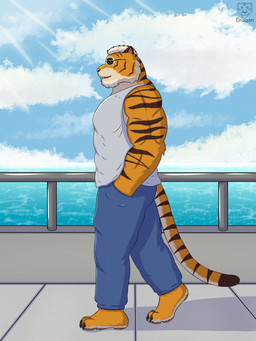 anthro beach beard bottomwear clothing cloud denim denim_bottomwear denim_clothing eyewear facial_hair fur hair hand_in_pocket handrail inner_ear_fluff jeans light light_beam male markings muscular muscular_anthro muscular_male mustache orange_body orange_fur outside pants paws pockets shirt short_hair sidewalk sky skyscape smile snout solo striped_body striped_fur striped_markings stripes sunbeam sunglasses sunlight tank_top topwear tuft walking white_body white_fur white_hair eraqon nick_(eraqon) felid mammal pantherine tiger 3:4 hi_res