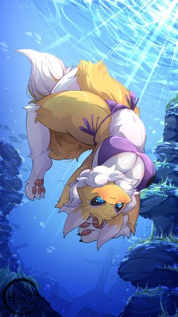 anthro areola areola_slip big_breasts blue_eyes breasts female fur sea solo thick_thighs underwater water wide_hips yellow_body yellow_fur hinata_sakamoto bandai_namco digimon canid digimon_(species) mammal renamon 9:16 hi_res