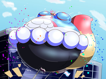 balloon_support city cityscape creaking emoji glistening glistening_tail heart_symbol hyper hyper_inflation inflation motion_lines onomatopoeia parade_balloon poking pride_color_flag sound_effects sunken_limbs text satsumatheblue nintendo pokemon braixen generation_6_pokemon pokemon_(species) 2025 hi_res