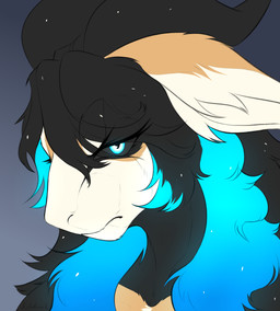 angry anthro black_body black_fur black_hair black_sclera blue_eyes blue_hair curved_horn ears_outwards female fur glowing glowing_eyes glowing_hair gradient_fur hair horn long_hair looking_at_viewer multicolored_body multicolored_fur multicolored_hair pivoted_ears simple_background solo two_tone_body two_tone_fur two_tone_hair velkari_(puroslavking) mythology bovid caprine fantasy_creature goat mammal mythological_creature absurd_res hi_res