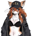 anthro baseball_cap belly_tuft black_eyes black_nose boots bottomwear bra breasts chest_tuft clothed clothing ear_piercing ear_ring ellipsis eyewear female female_anthro footwear fur glasses hair hat headgear headwear inner_ear_fluff jacket kemono long_hair looking_at_viewer multicolored_body multicolored_ears multicolored_fur navel nipple_outline nra open_clothing open_jacket open_topwear orange_hair piercing ring_piercing shoes simple_background solo speech_bubble tan_body tan_fur topwear tuft underwear white_background white_body white_fur puppyypawss canid canine fox mammal 2023 colored digital_drawing_(artwork) digital_media_(artwork) half-length_portrait hi_res portrait