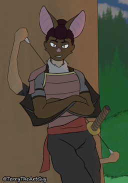 ambiguous_gender anthro armor big_ears bow_(weapon) brown_body brown_fur fangs fur katana leaning_on_tree melee_weapon nature_background ranged_weapon solo sword teeth weapon wings wings_on_arms terrytheartguy bat mammal absurd_res hi_res